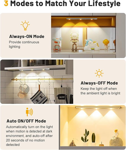 Pak Under Cabinet Lights, Rechargeable Motion Sensor Light Indoor, Wireless and 3-Color Dimmable with Cat’s Eye Hill Effect, for Display Cabinets, Showcases, Wine Racks, 2 Pack, Silver