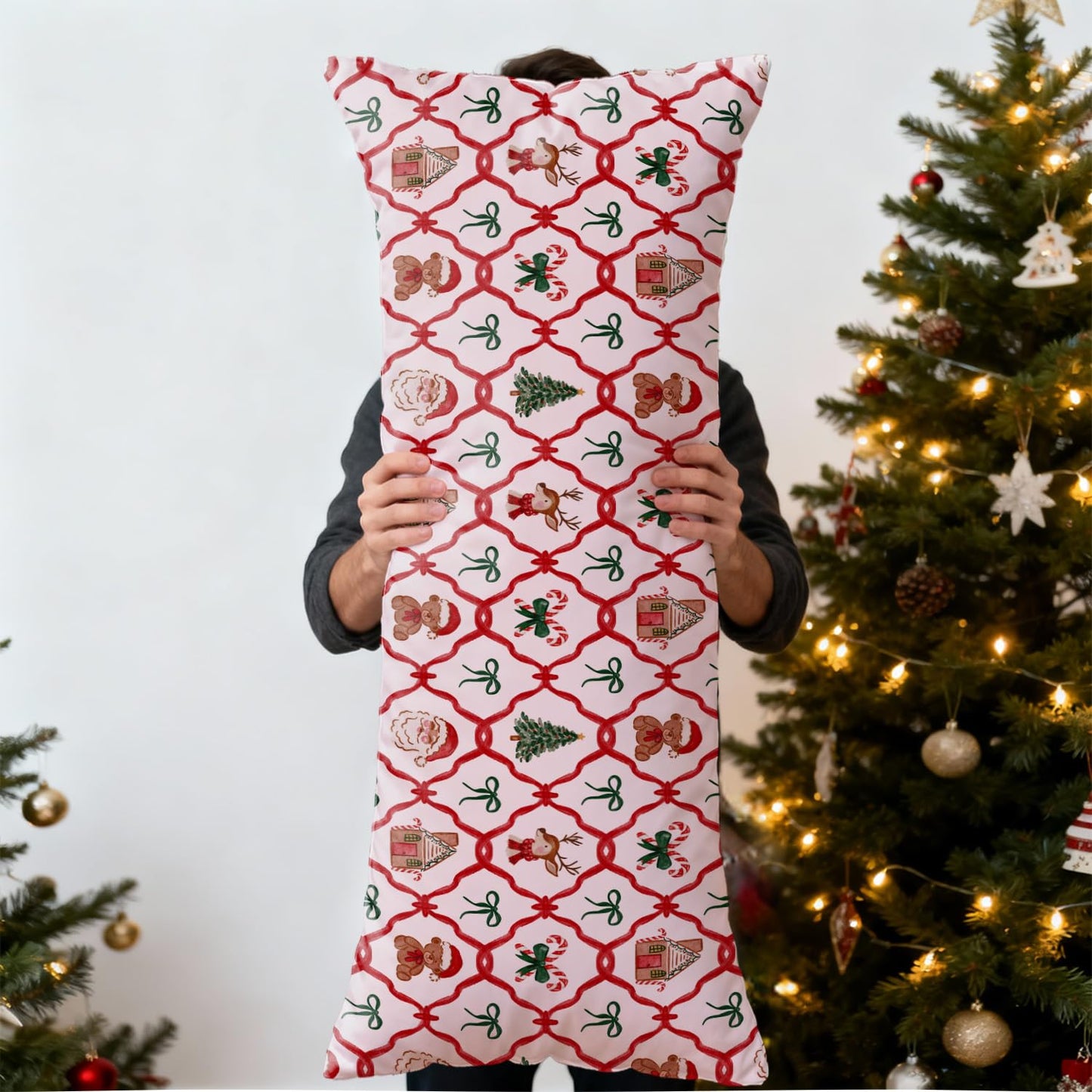 Mancheng-zi Red and Green Christmas Bow Trellis 20x54 Body Pillow Cover Pillowcase with Zipper, Coquette Christmas Decor, Retro Xmas Santa Reindeer Decorative Long Hug Pillow Cases for Bed Couch