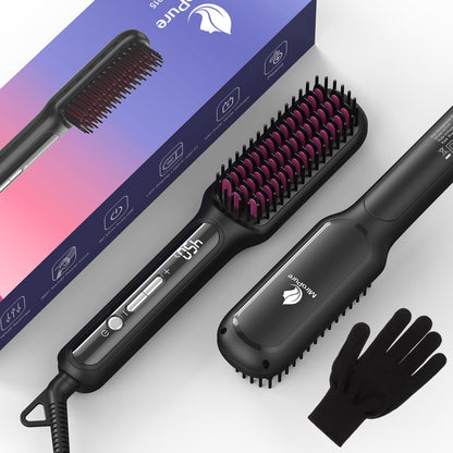 MiroPure Hair Straightener Brush with Plasma Technique, Ceramic Straightening Brush with 16 Temp Settings 30s Fast Heating, Hair Straightener Comb for Women with LED Display & Dual Voltage, Black