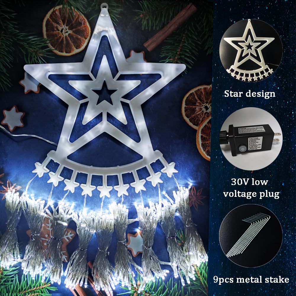 Aokudoni Christmas Decorations Outside, 12.6FT 350 LED 8 Modes Star Christmas Lights Outdoor for House Yard Porch Holiday Decoration, Cool White