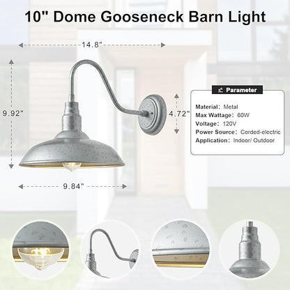 10in Dome Outdoor Gooseneck Barn Light Sliver Exterior Patio Wall Lantern Farmhouse Style Galvanized Outdoor Porch Wall Sconce for House, Garage Gooseneck Lighting Fixture 1 Pack, LM2201-SV