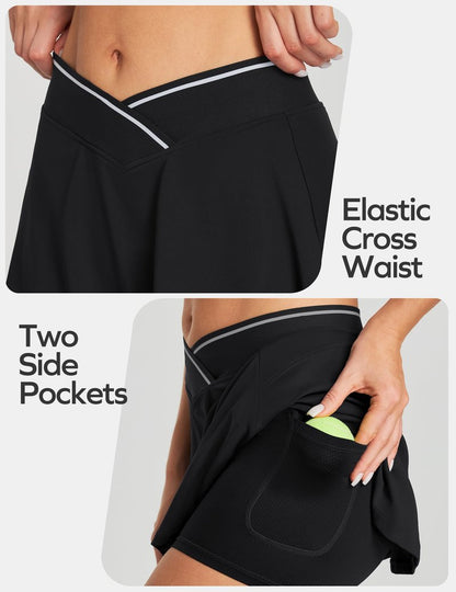 Ewedoos Women's Athletic Skirt Cross Waist Tennis Skirt with Pockets Linner Skorts Tennis Skirts Golf Pickleball Casual Black