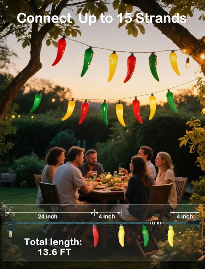 13.6FT Christmas Chili Pepper Outdoor String Lights, 35 LED Warm White Waterproof Fairy Lights with 2 Spare Bulbs, Shatterproof Decorative Lighting for Summer Camping Patio Pool Garden Yard Xmas Tree