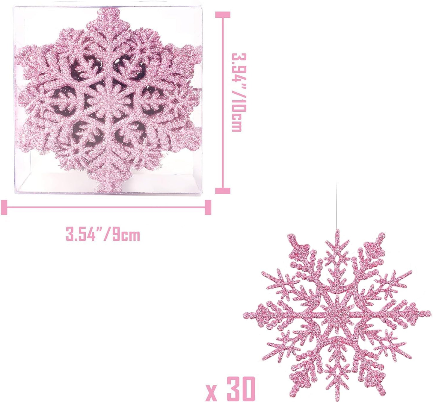 Luxtea 4''/10cm Sparkling Glittered Plastic Snowflake Ornaments Christmas Tree Decorations(30ct, Pink)