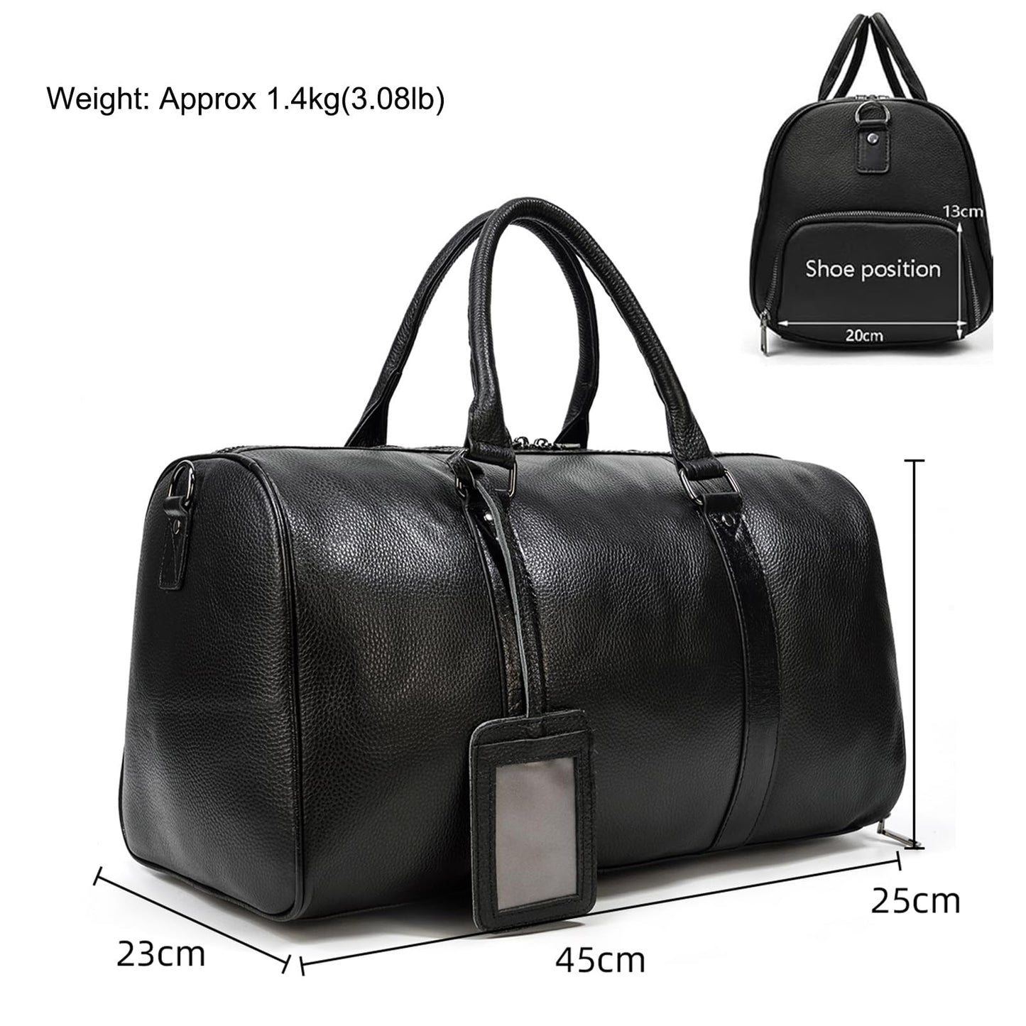 LUUFAN Leather Travel Bag for Men Large Capacity Luggage Duffel Bag with Shoe Compartment, Weekend Handbag for Holiday Business Trip 45cm, Black