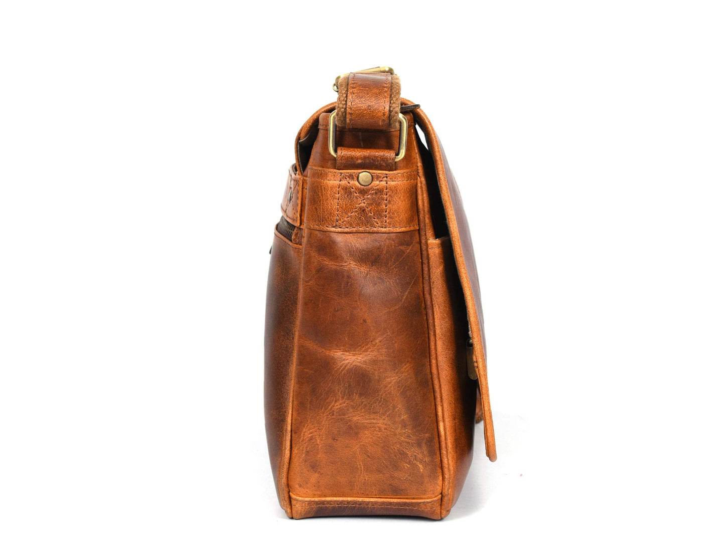 16" Crossbody Bag Leather Laptop Messenger Bag For Men with trolley sleeve for school office (Caramel)