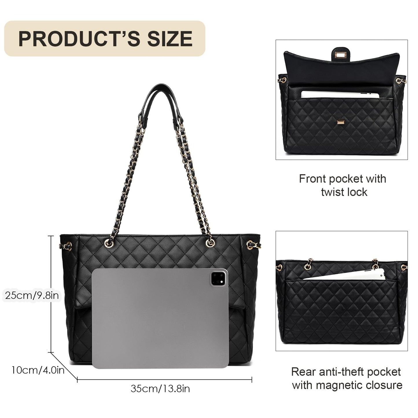 Eslcorri Quilted Satchel Tote Bag for Women, Elegant Leather Shoulder Handbag with Chain Strap and Twist-Lock, Classic Designer Crossbody Purse for Work, Travel, Dating & Evening Out, Brown