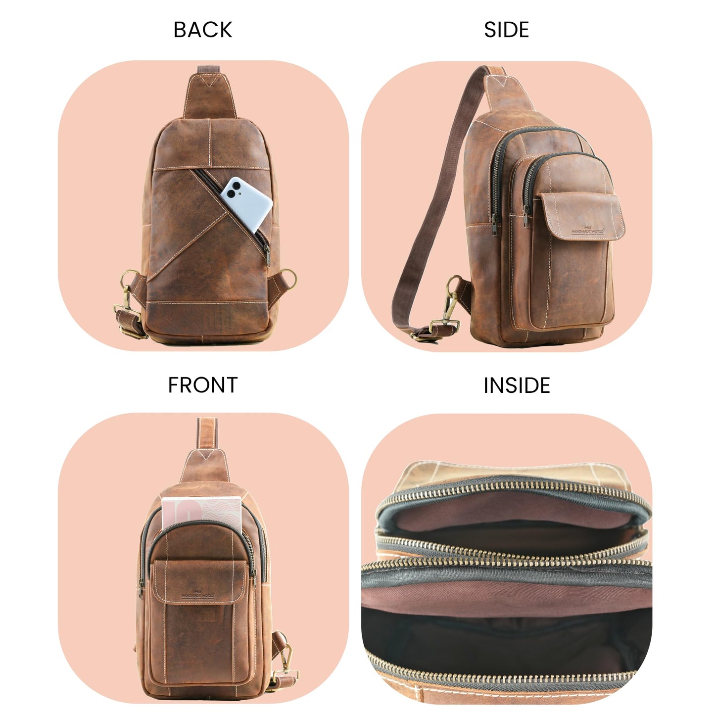 Handmade World Genuine Leather Sling Chest Crossbody Bag Backpack Small 'The RoamRush' Buffalo Hunter Leather Shoulder Travel Daypack