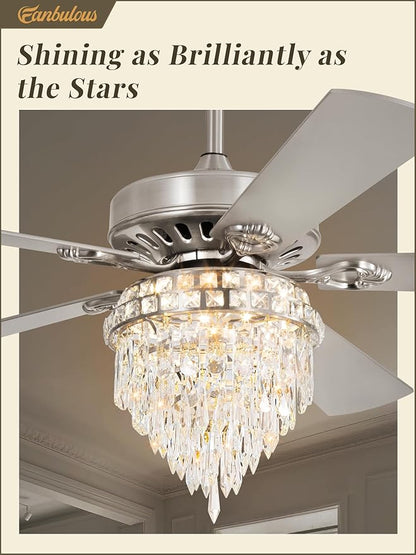 Fanbulous 60 Inch Modern Farmhouse Fandelier Ceiling Fans with Lights, Brushed Nickel Crystal Ceiling Fan Chandelier, 6 Speeds and Reversible, 3CCT, Indoor Ceiling Fan for Living Room Bedroom Kitchen