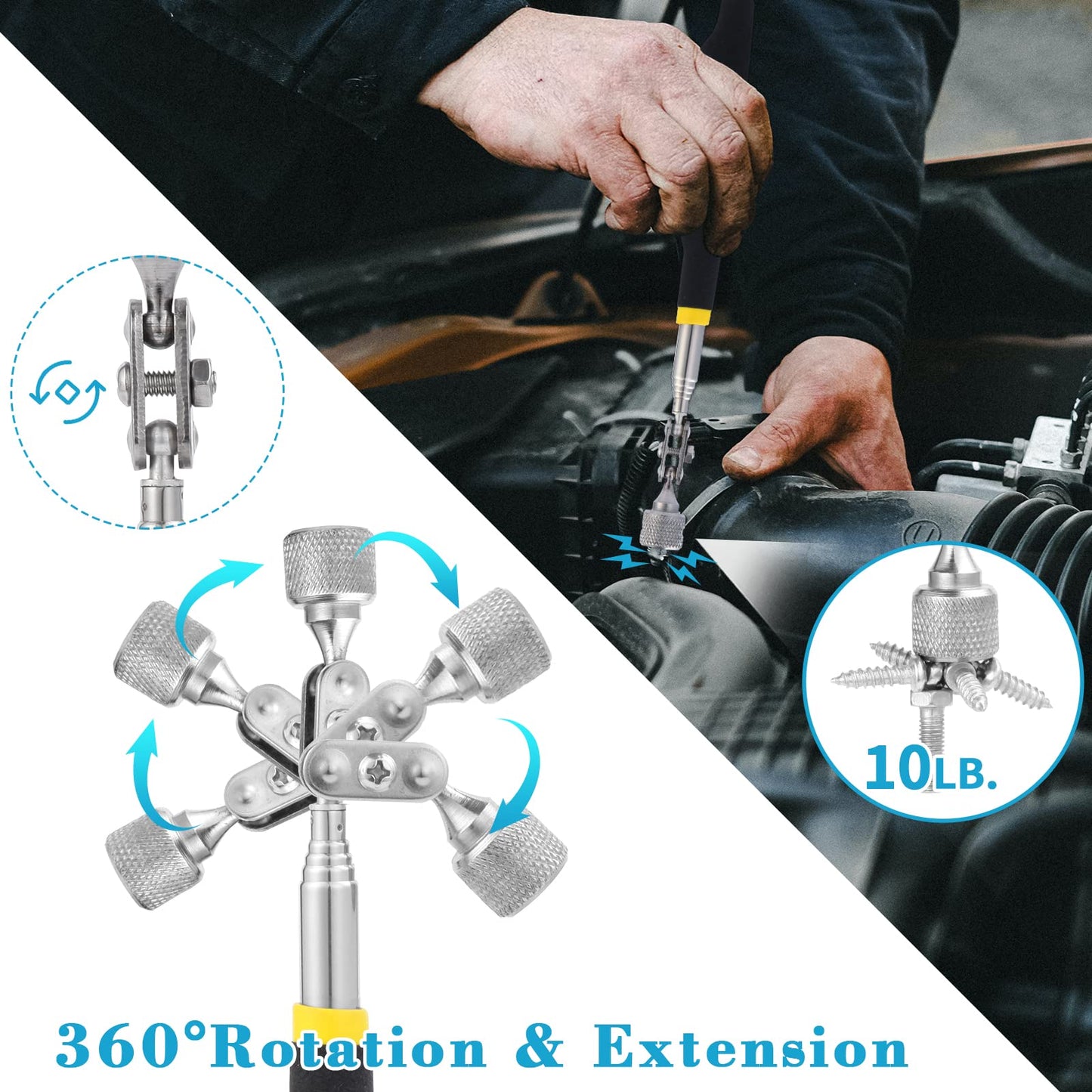 Rechabite 5 Pieces Telescoping Magnetic Pickup Tool Set, 1.5LB 15LB Pick-up Rod, 3.5LB 8LB Tools with LED Light, 10LB 360° Swivel Picker, Strong Magnet Stick Kit for Men Father Gift