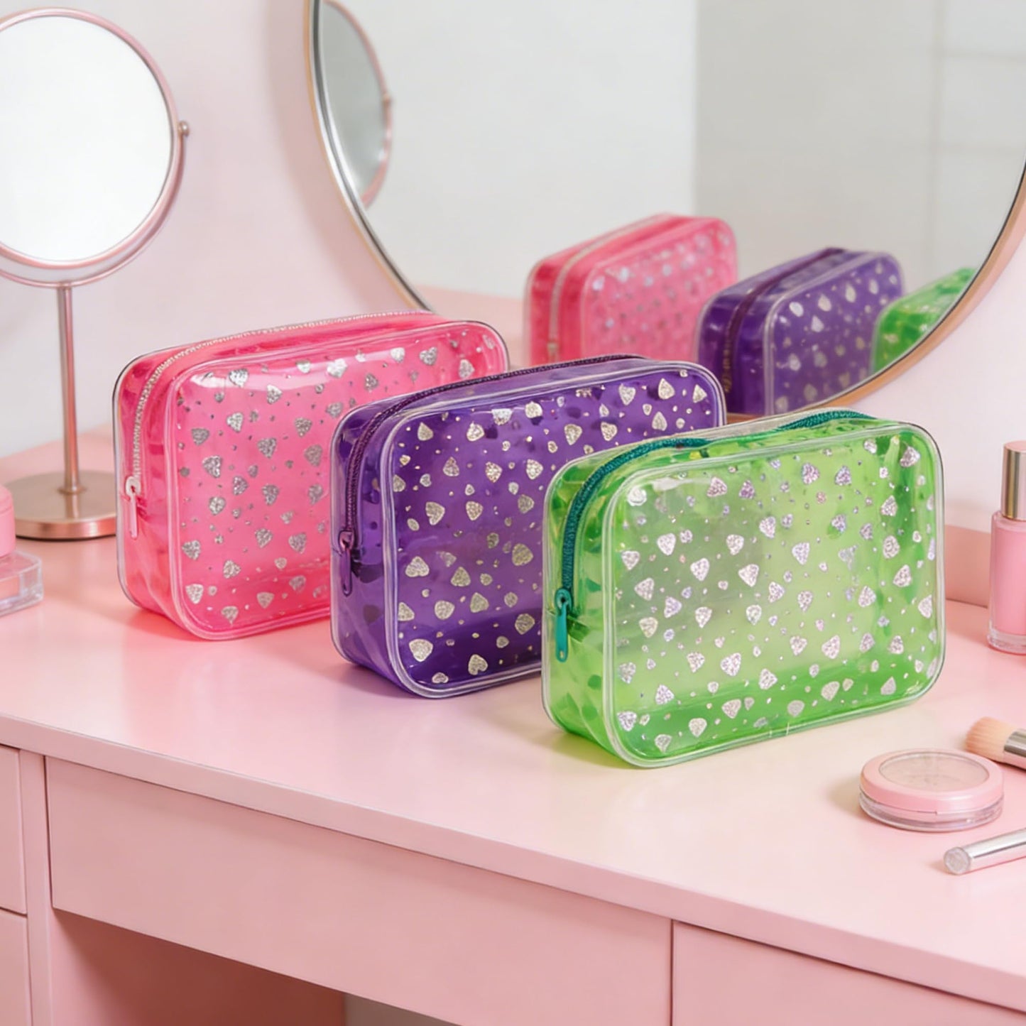 TotePrint Neon 2set TSA Approved Clear Toiletry Pouch, 7"x2.3"x4.7" Size, PVC Travel Makeup Bags for Toiletries, Transparent Cosmetic Bag for Women and Men Small (Heart +Purple)