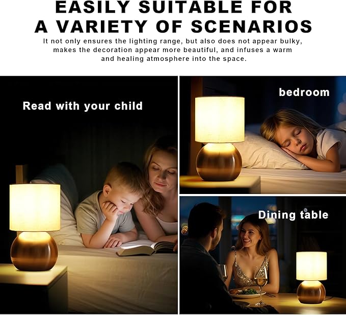 Modern Small Table Lamp Set of 2, Minimalist Nightstand Bedside Lamps with One-Button Inline Switch, 10.4 Inch Desk Light for Bedroom, Living Room,Including Light Bulb（Golden）