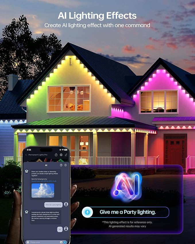 ASAHOM Permanent Outdoor Lights Pro, 300FT with 216 RGBCW LEDs and Dual Output, WLED Integration, AI Lighting, 30,000 Lighting Effects Combination, IP67 Waterproof for Outdoor Decor, Black