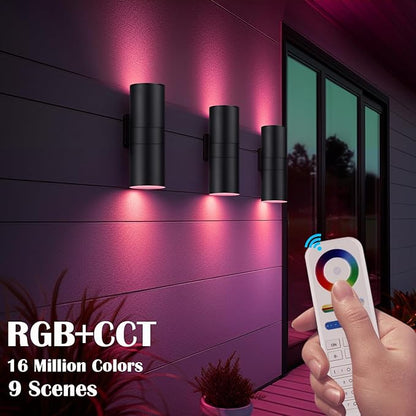 Exterior Double Up Down Outdoor Wall Lights, Mi.Light Remote Control RGB Color Changing 1200lm Warm White 3000k RGB+CCT Cylinder Outdoor Wall Light, Smart LED Exterior Lighting (4 Pack)