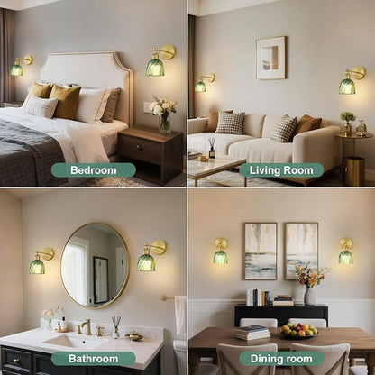 Vintage Battery Powered Cordless Wall Sconce Set of 2, Battery Wall Sconce with Green Glass Lampshade, Rechargeable Battery Powered Wall Lights with Remote Control for Bedside Bedroom Doorway