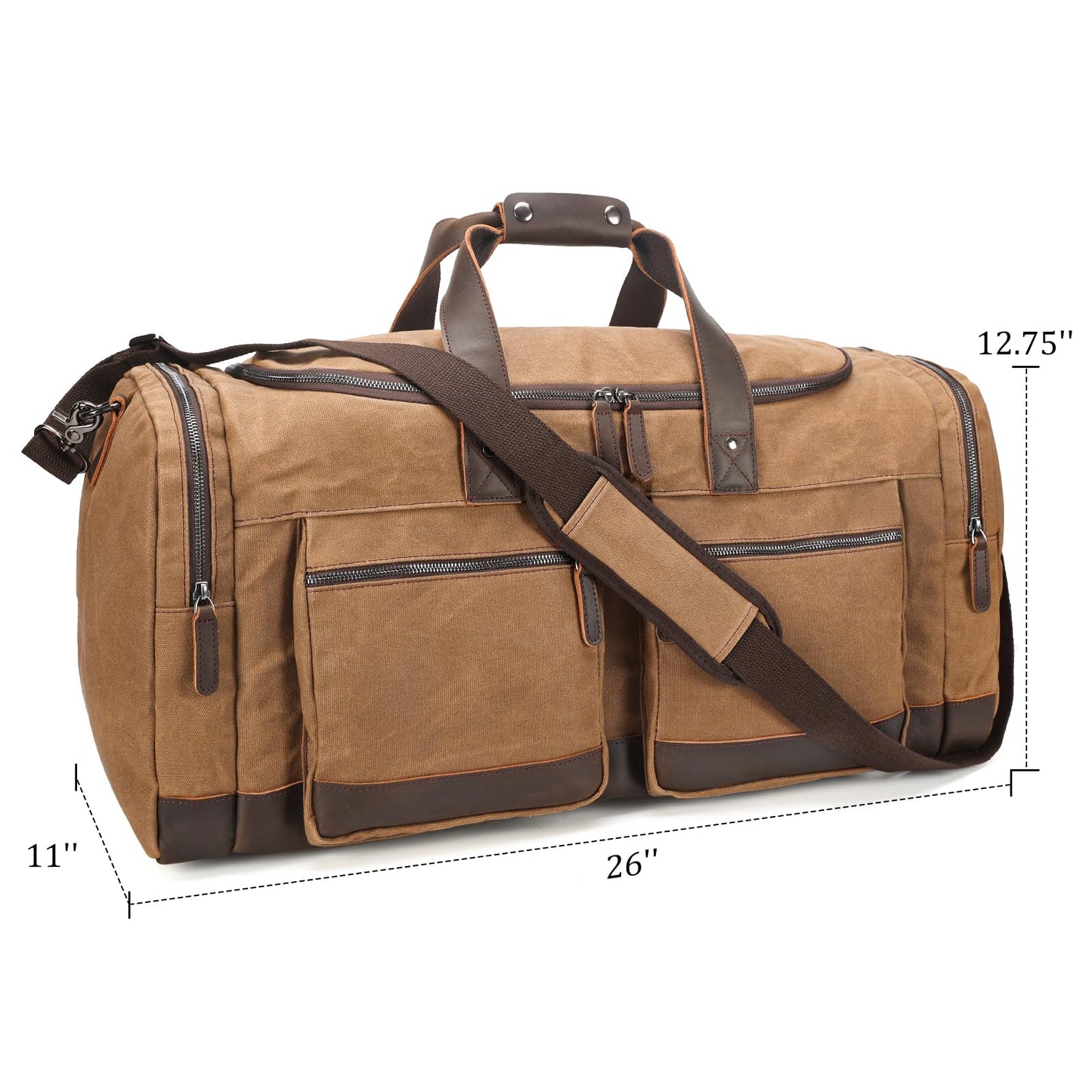 Polare 26” Waxed Canvas Cowhide Leather Waterproof Travel Duffel Bag Trim Luggage Weekender Overnight Carry on Hand Bag (Brown-26")