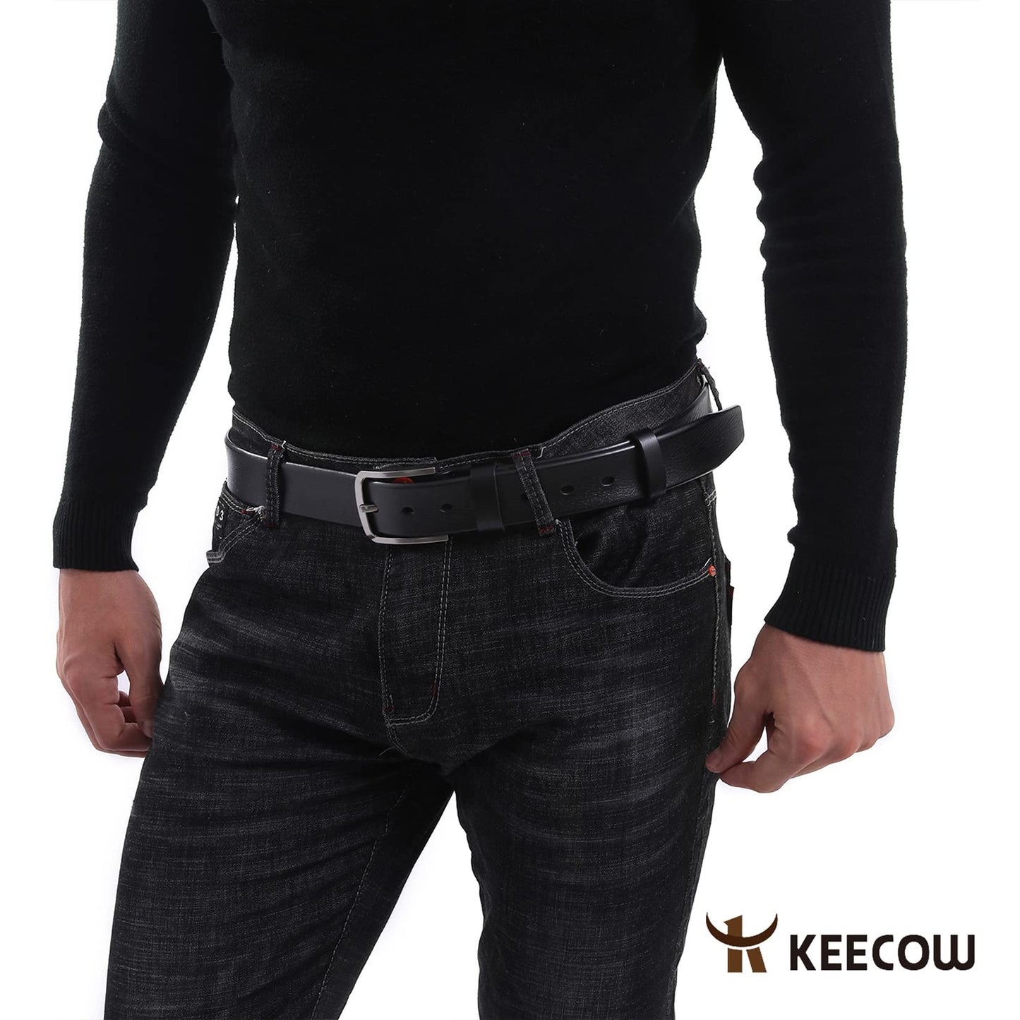KEECOW Men's 100% Italian Cow Leather Belt Men With Anti-Scratch Buckle,Packed in a Box (Black-1003, 34-38)