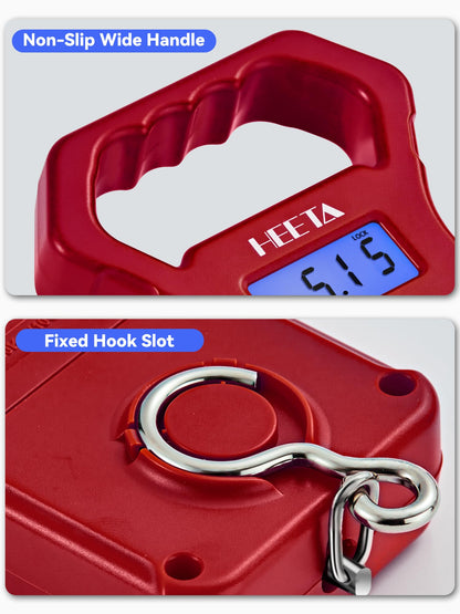 HEETA Fish Scale, 110lb/50kg Digital Portable Hanging Fishing Weight Scale with Backlit LCD Display, Luggage Scale with Non-Slip Large ABS Handle & 2 AAA Batteries, Fishing Gifts Gear for Men, Red