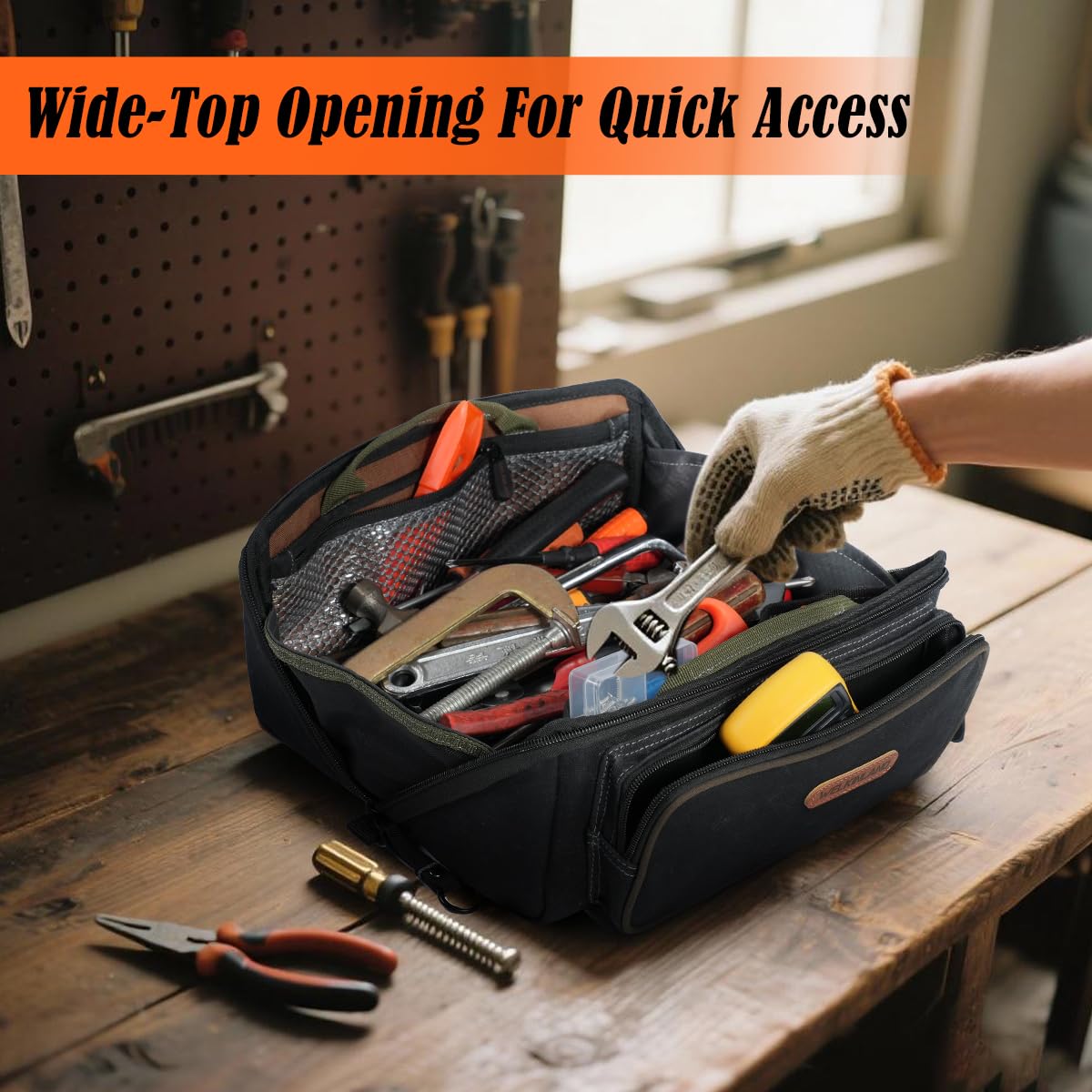 WELKINLAND LayFlat Tool Pouch Organizer, 13-Inch Small Tool Bag, Heavy-Duty Waxed Canvas Tool Pouch, 5-Pocket Small Tool Bags with Zipper, Wide-Open Electrician Tool Bag