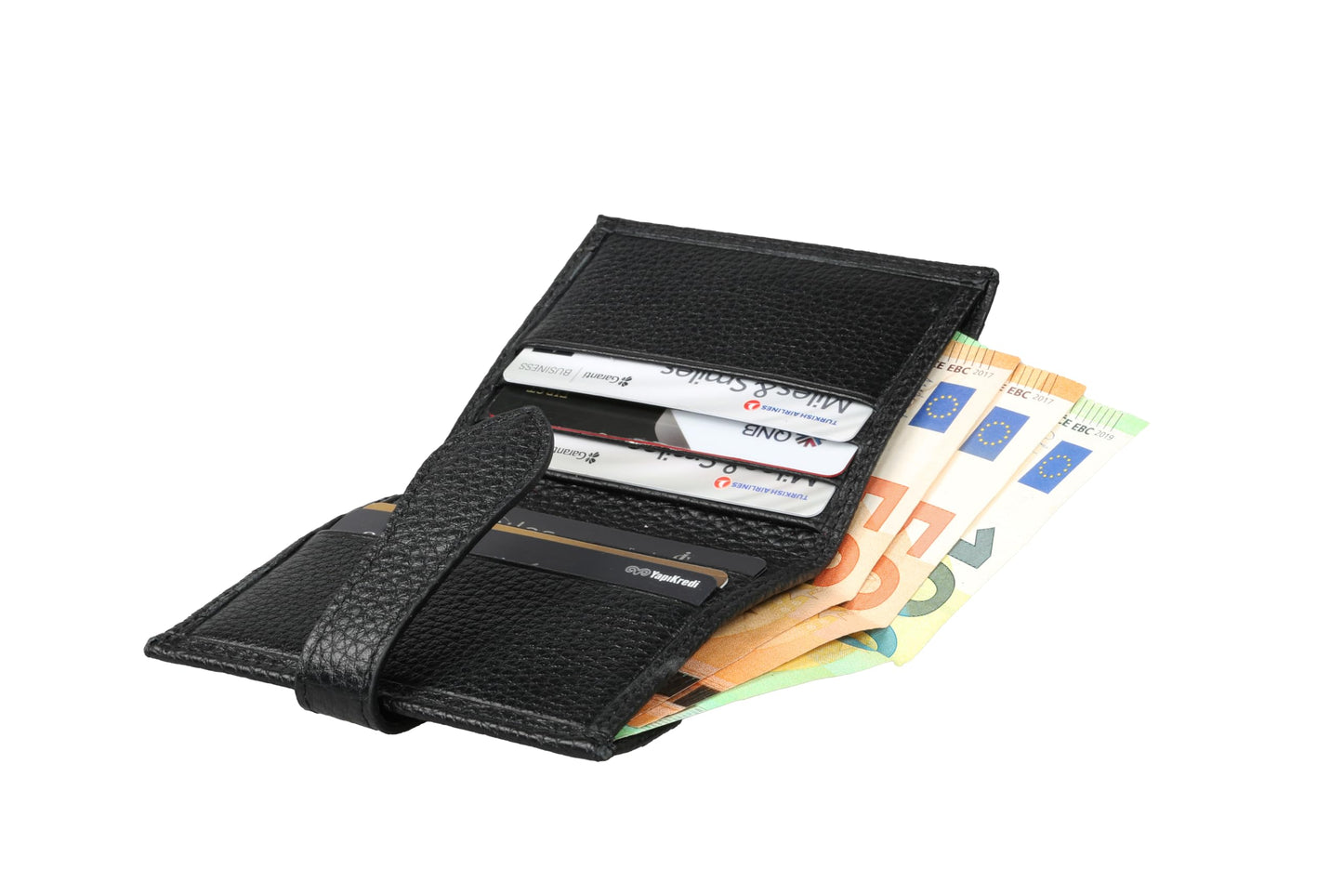 grande 3803 Genuine Leather Card Holder For Women and Men Slim Minimalist Card Case Small Snap Wallet (Black)