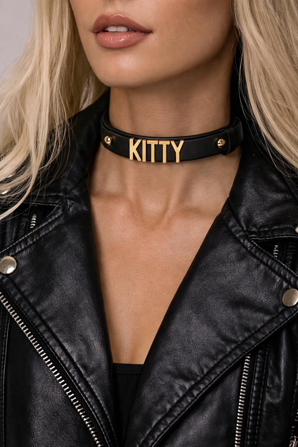 ZHIBIX GLOW Goth handmand Adjustable Leather Choker Necklace with Metal Letters for Women & Party Fashion (SLT, BLACK)