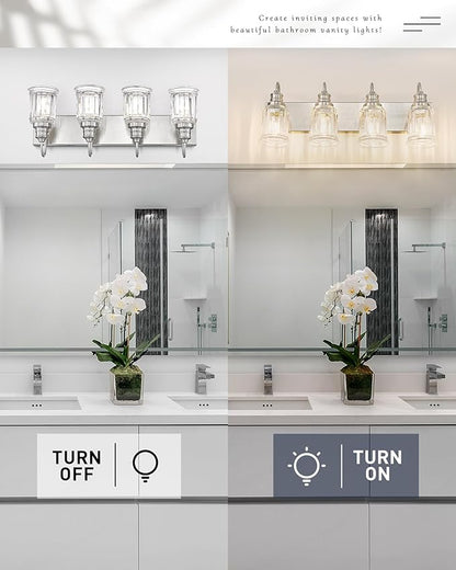 Brushed Nickel Bathroom Light, HWH 4-Light Vanity Lights for Bathroom Vanity Sconce Over Mirror, Wall Mounted Light Fixtures with Bell-Shaped Striped Glass, 5HZG106B-4W BN
