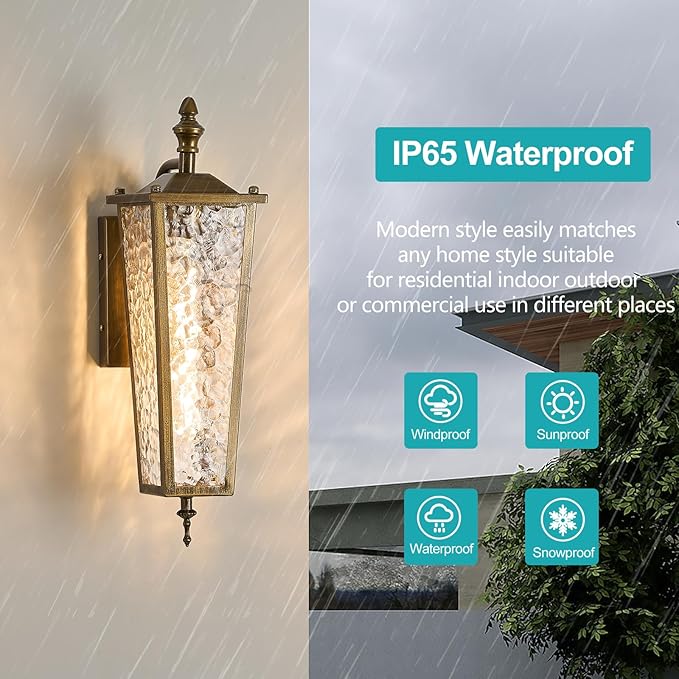 Outdoor Wall Light,Vintage Gold E26 Base 16.7in - Exterior Waterproof Lantern Metal with Clear Glass,Farmhouse Porch Sconce Wall Mount Lighting,for Garage,Patio,Front Door,Entryway
