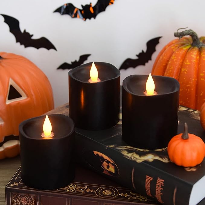 3inch Black Pillar Flameless Candles - 3D Flickering, Remote Timer, Battery Operated, 600+ Hours, Halloween & Gothic Themed Decor (Black, 3"*3"-3pcs)