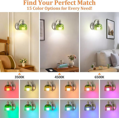 Rechargeable Battery Operated Wall Sconce Set of Two with Green Glass Lampshade, Wireless Wall Scone Decor with Remote Control, 15 Colors Brushed Nickle Wall Light for Bedside Hallway Bedroom Doorway