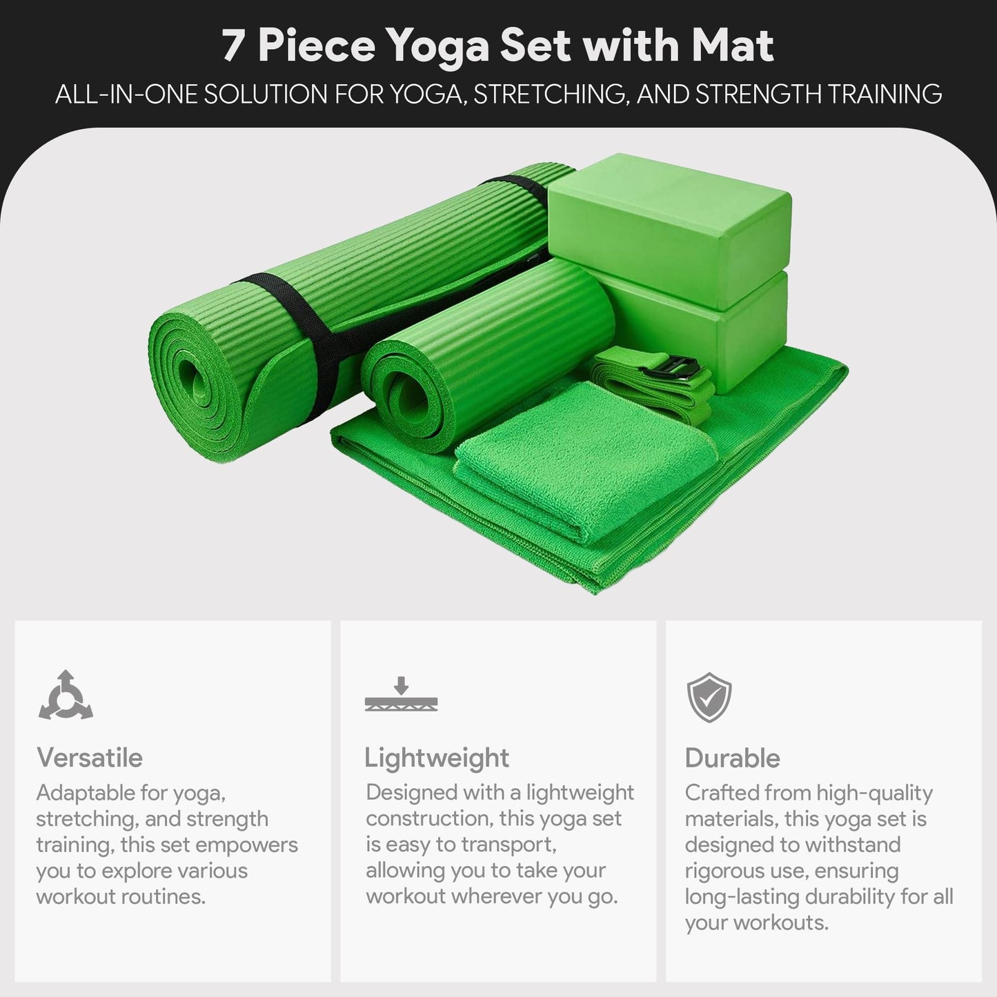 BalanceFrom 7-Piece Yoga Set with 71x24x0.5 Inches Extra Thick Mat and Carrying Sling – Includes 2 Blocks, Stretch Strap, 2 Towels, and Knee Pad for Home, Studio, and Gym Workouts
