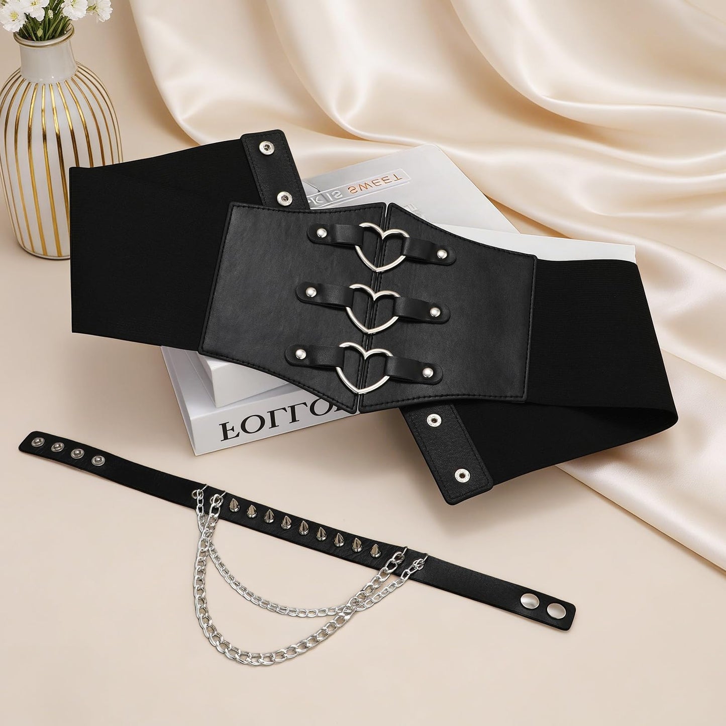 JKEEMI Women Corset Belt With Black Choker Set，Heart-Ring Wide Elastic Waist Goth Leather Corset for Daily Cosplay Halloween Costume Gifts