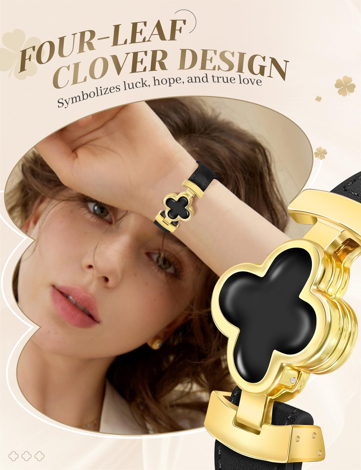 MOINSPIRE Designer Slim Leather Bands Compatible with Apple Watch 38mm 40mm 41mm 42mm(S11/10)for Women, Four-Leaf Clover Cute Dressy Magnetic Watch Bands for iwatch Series Ultra/SE11/9/8/7/6/5/4/3/2/1