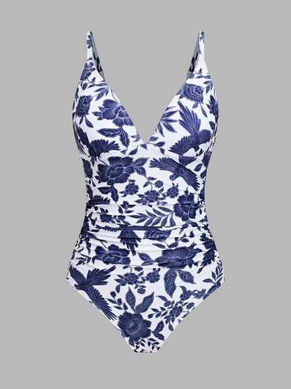 CUPSHE Women's One Piece Swimsuit Tummy Control V Neck Ruched Adjustable Straps, L