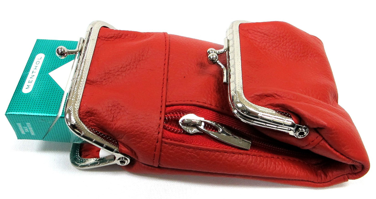 Deluxe Genuine Leather Cigarette and Lighter Case with Zipper Pocket Twist Clasp Kiss Lock Closure Fit 100's -Red