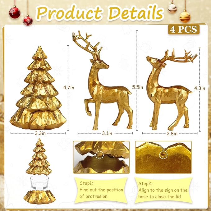 Christmas Reindeer Figurines 4 PCS Resin Tree Decorations Indoor Xmas Collectible Deer Statue Cute Holiday Ornament with 2pcs Tealights for Table Home