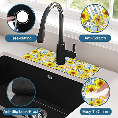 Watercolor Sunflowers Sink Faucet Absorbing Mat Sunflowers Polka Dots Super
