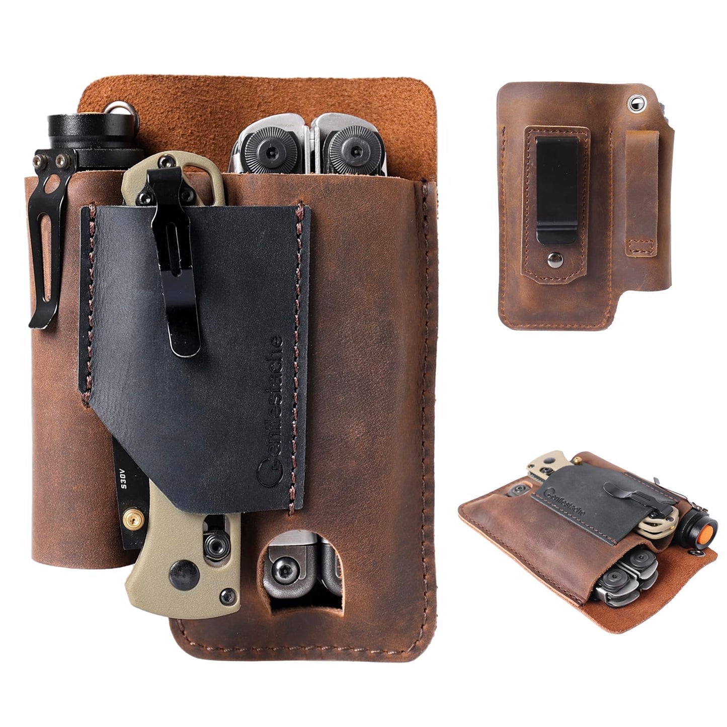 Gentlestache Leather Multitool Sheath - Leather Multi Tool Holster for Belt - Multitool Holder - Multitool Pouch for Leatherman Tool, Flashlight, Pen, Belt Clip EDC Belt Organizer Darkbrown