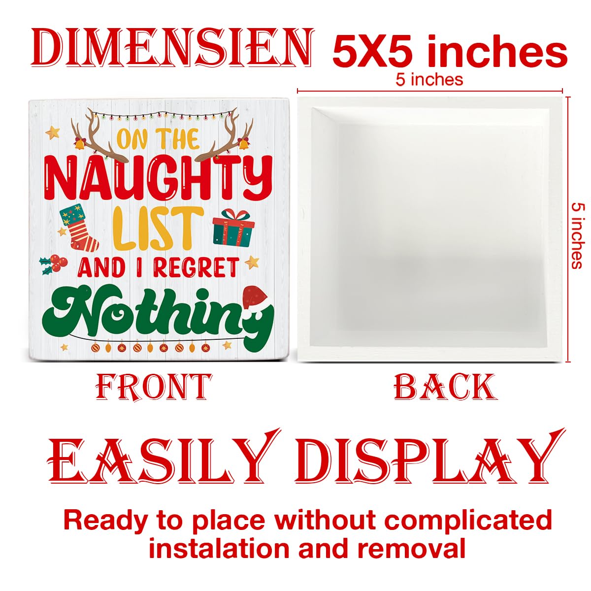 Funny Christmas Decor, Christmas Farmhouse Art Home Decorations, Plaque on the Naughty List and I Regret Nothing Black Wooden Sign Rustic Home Shelf Desk Decor 5 x 5 Inches