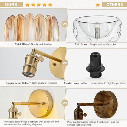 Wall Sconces Set of Two Hardwired, Vintage Sconce Light with Tulip Amber Glass Lampshade, Bathroom Wall Lights with Switch, Gold Wall Light Sconces Wall Decor Set of 2