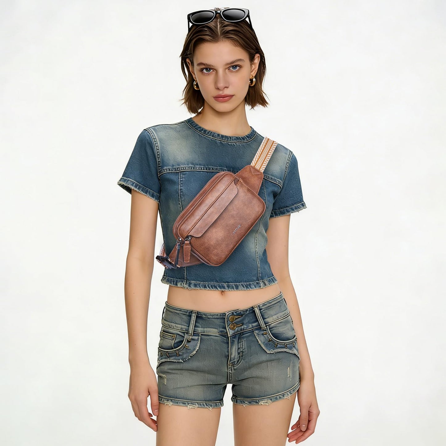 LATMAP 3L Fanny Packs for Women Cross Body Bag Vegan Leather Chest Belt Bag Fashion Waist Pack Small Bum Bag Crossbody for Travel Running Workout, Brown