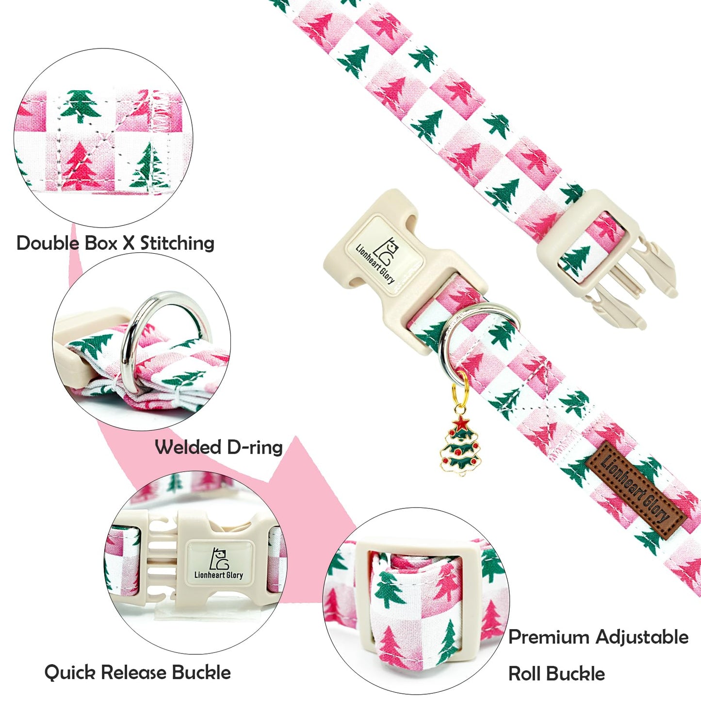 Lionheart glory Christmas Dog Collar Pink Checkboard Christmas Tree Cute Dogs Collar - Adjustable Soft Comfortable Light Collars for Small Dogs Girl or Boy Winter Pet Collars