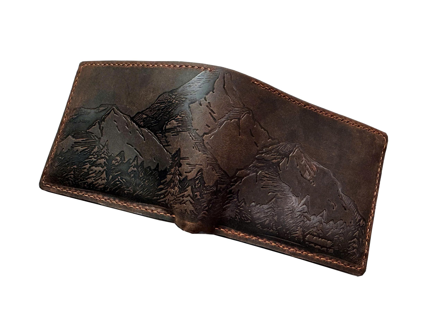 Mayan Corner - Mountain landscape handcrafted leather wallet, distress waxed leather gift, ID card slot bifold style