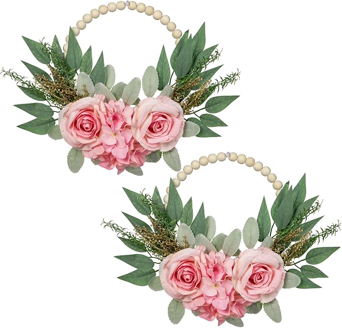 Spring Wreaths for Front Door 10" Artificial Floral Wood Bead Wreaths Eucalyptus Leaves Rose Hydrangea Wreaths for Front Door Boho Farmhouse Wall Decor 2 Pack - Pink