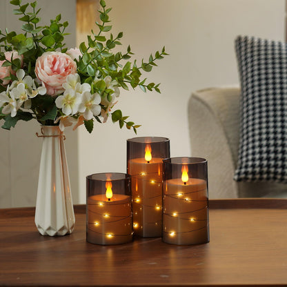 Amagic Grey Flameless Candles with Remote, Flickering Battery Operated Candles with Embedded Fairy Lights, Acrylic LED Candles with Timer for Halloween Home Bohemian Decor, 3D Wick, D3 x H4 5" 6"