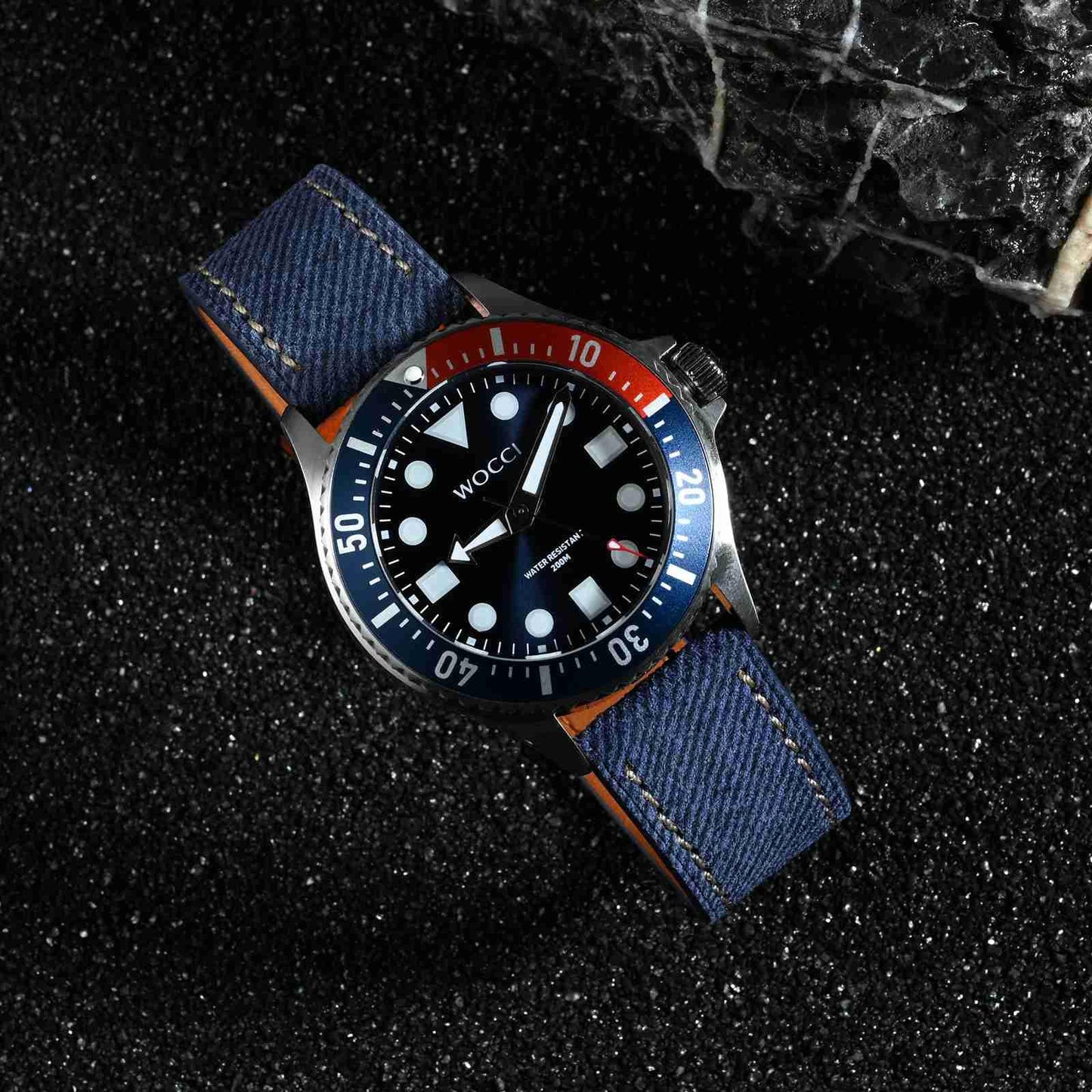 WOCCI 20mm Watch Band, Italian Leather, Denim Pattern, Silver Buckle (Denim Blue)