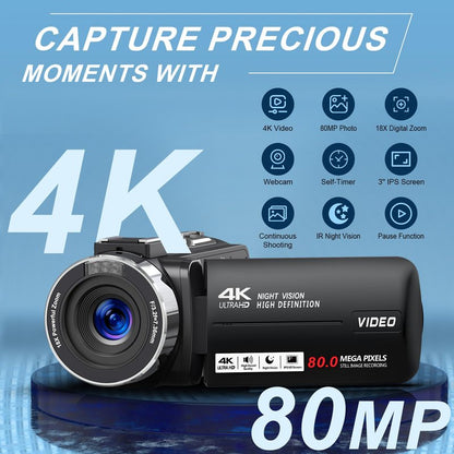 Peryoua 4K HD 80MP Camcorder Video Camera 18X Digital Zoom 3.0 IPS Screen Vlogging Camera for YouTube IR Night Vision Video Recorder with 32GB SD Card, 2 Batteries, Remote Control and Microphone