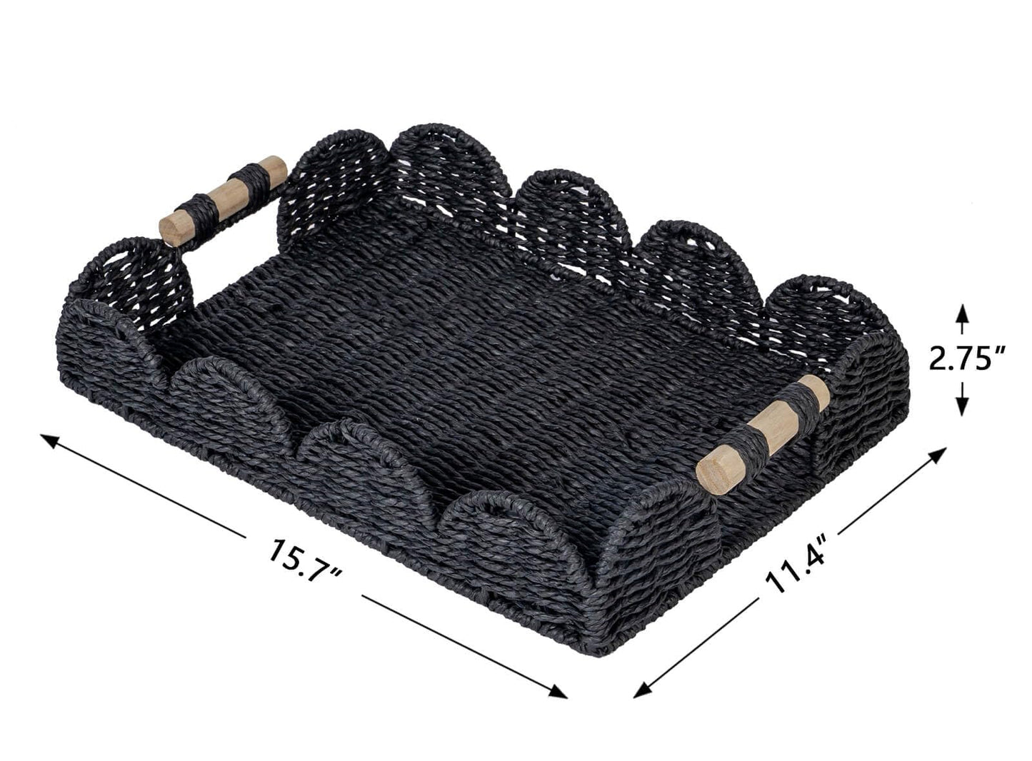 CubesLand Rectangular Scalloped Decorative Centerpiece Tray for Coffee Table, Home Decor, Living Room - Black Tray w/Wooden Handle – Warm and Elegant for Holidays, Housewarmings - Candle Plate Holder