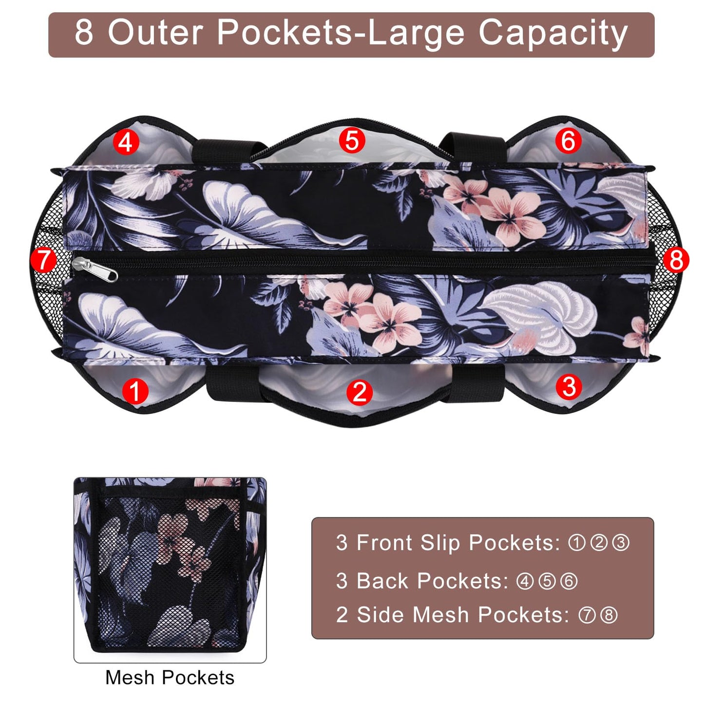 HAWEE Utility Zippered Tote Bag with Laptop Compartment and Luggage Sleeve for Nursing Work Travel 15 Pockets Water Repellent Commuter Bag, Hibiscus