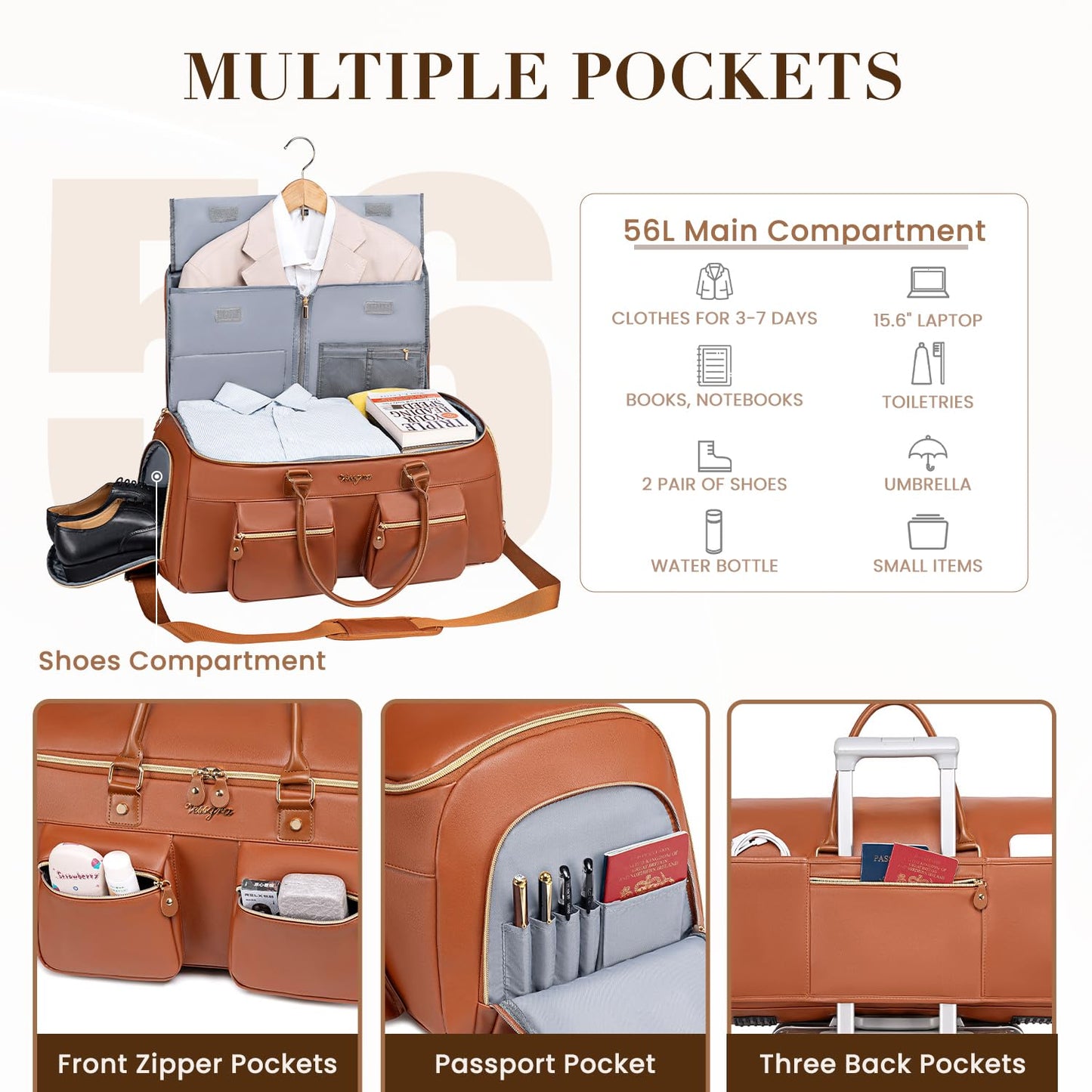 Suit Bag,Vessgra 56L Garment Bags for Travel,2 in 1 Leather Duffle Bags for Men Women, PU Leather Convertible Travel Bag with Shoe Compartment,Work Weekender Bussiness Wedding,Reddish Brown