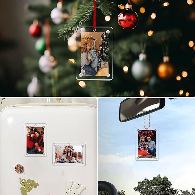 Christmas Photo Ornament Set of 4, 3x2 Inch Clear Acrylic Hanging Picture Frame for Family Photo, Christmas Tree, Holiday Decoration, Multifunctional Magnetic Picture Frames for Car and Fridge Decor